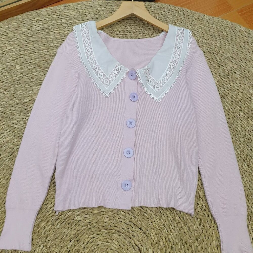 Lilac Pink Lace Peter Pan Collar Ribbed Knit Cardigan